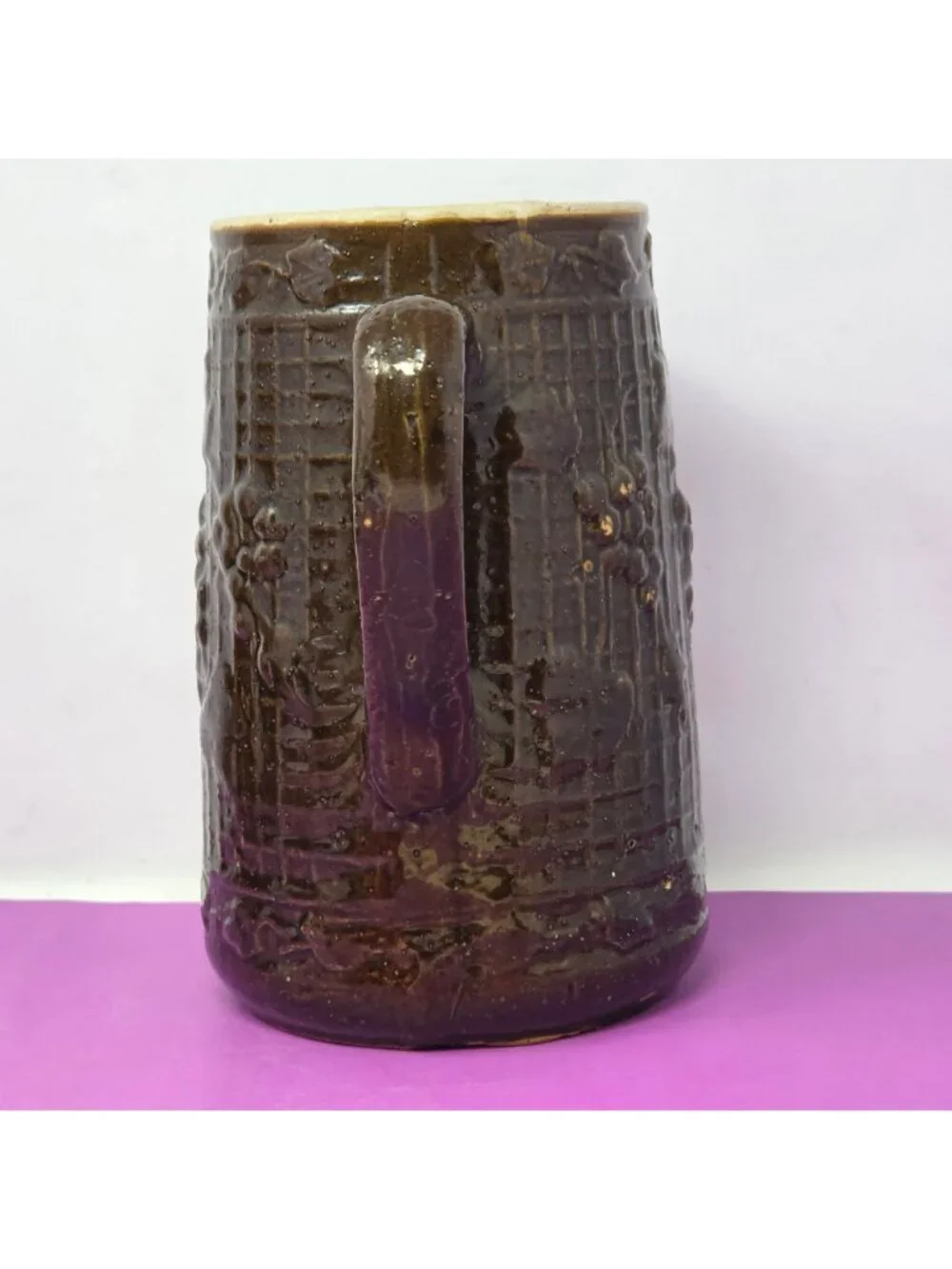 Vintage Brown Stoneware Glazed Pitcher Grape‎ Vine Design Rustic Farmhouse Decor
